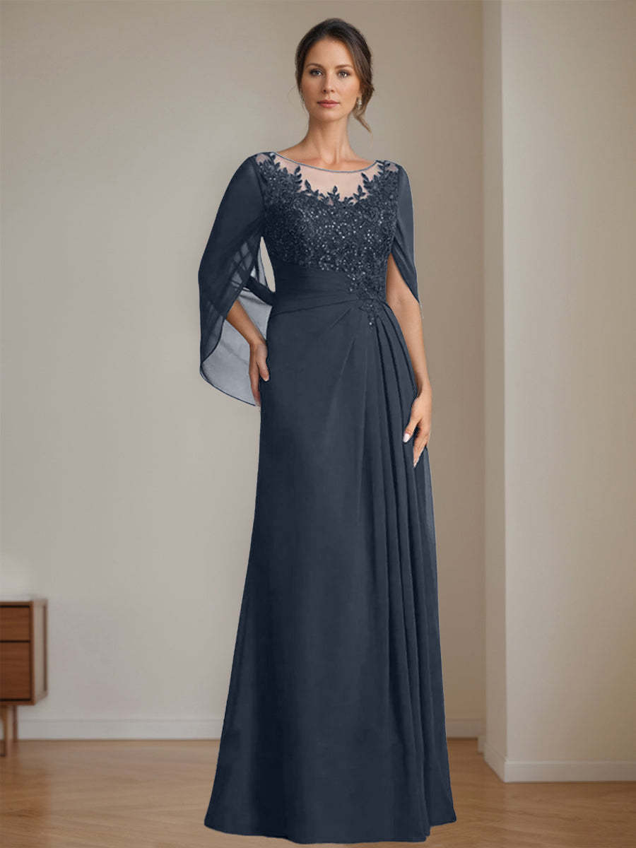 Floor-Length A-Line Princess Mother of the Bride Dresses with Scoop Neck Pleats and Sequins