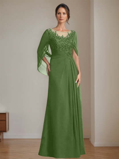 Floor-Length A-Line Princess Mother of the Bride Dresses with Scoop Neck Pleats and Sequins