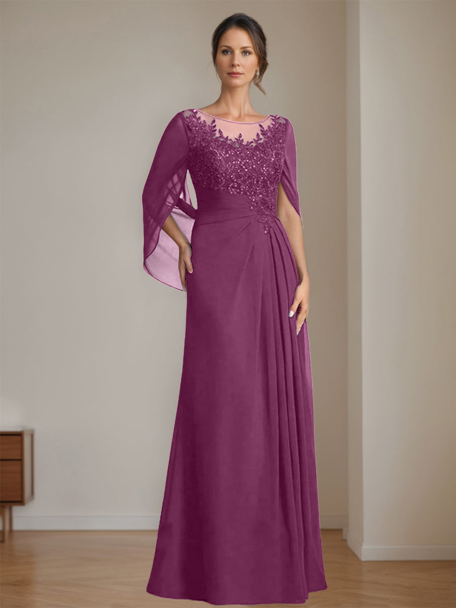 Floor-Length A-Line Princess Mother of the Bride Dresses with Scoop Neck Pleats and Sequins