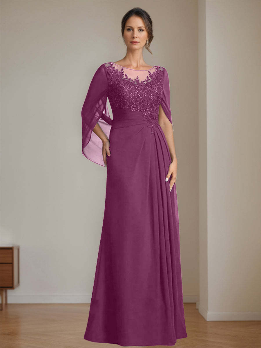 Floor-Length A-Line Princess Mother of the Bride Dresses with Scoop Neck Pleats and Sequins