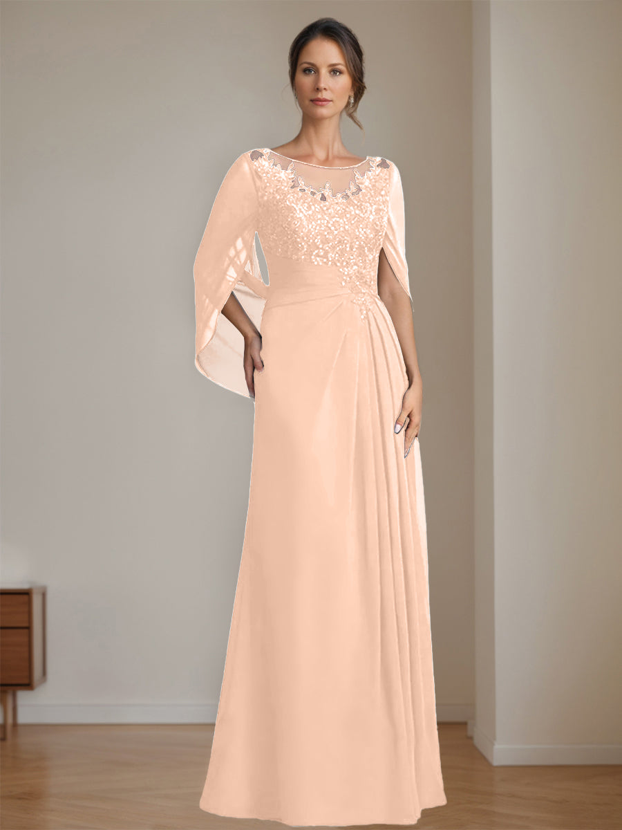 Floor-Length A-Line Princess Mother of the Bride Dresses with Scoop Neck Pleats and Sequins
