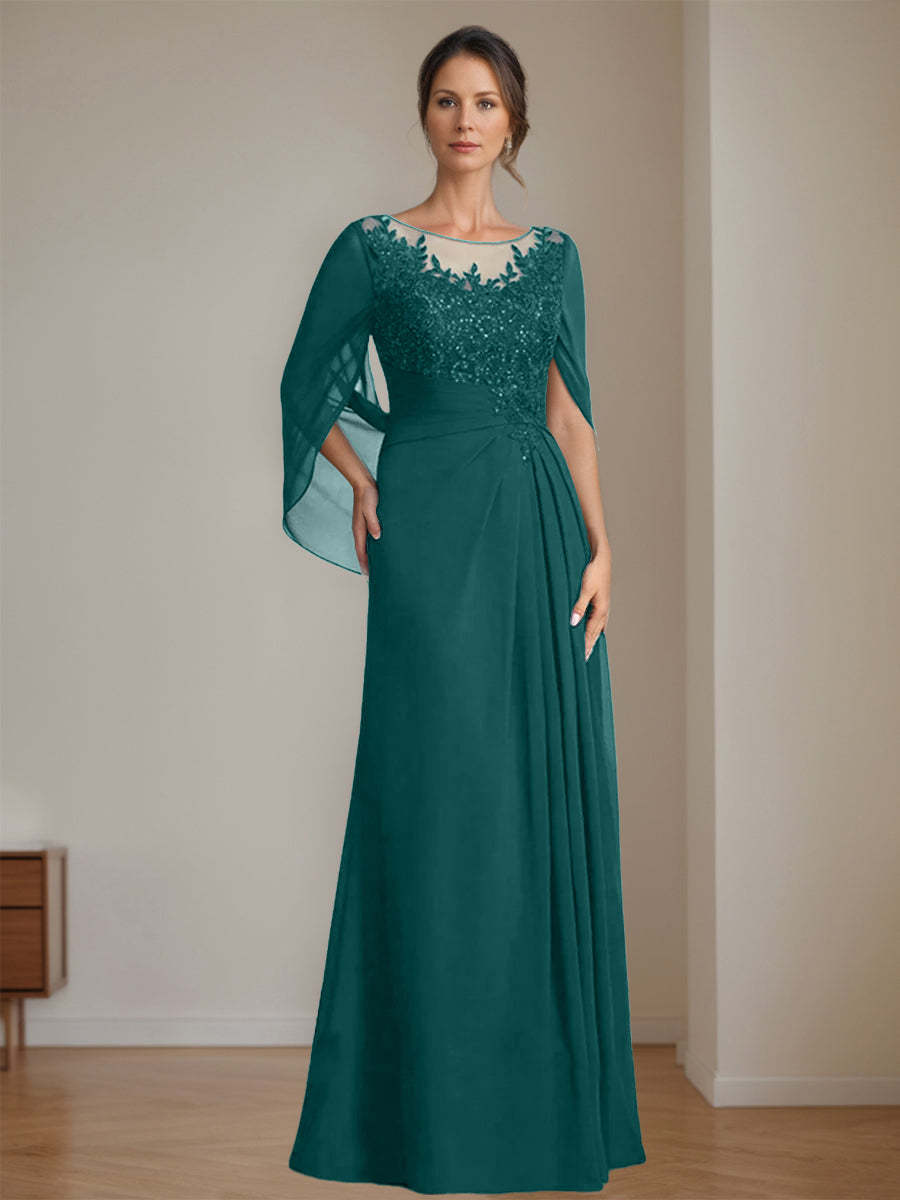 Floor-Length A-Line Princess Mother of the Bride Dresses with Scoop Neck Pleats and Sequins