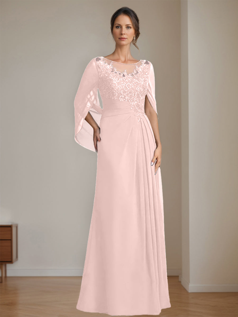 Floor-Length A-Line Princess Mother of the Bride Dresses with Scoop Neck Pleats and Sequins