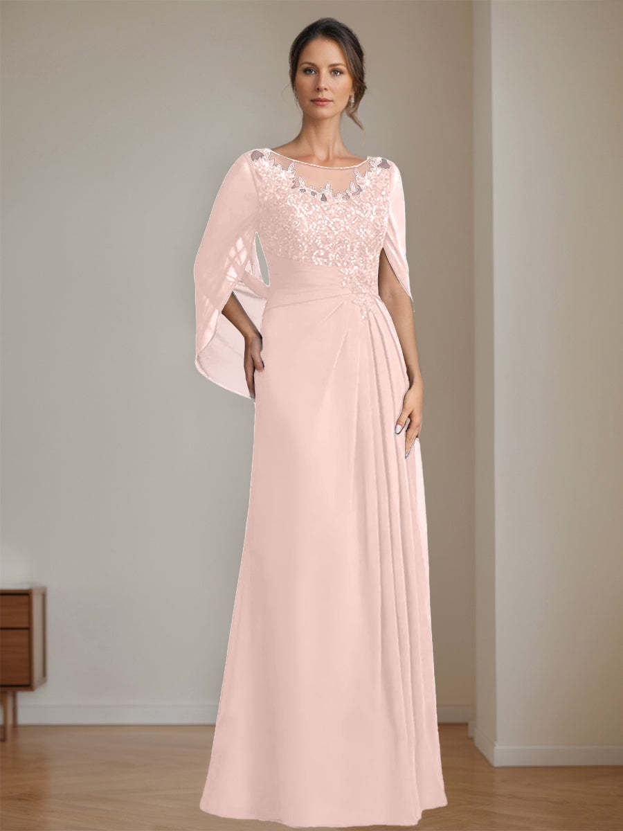 Floor-Length A-Line Princess Mother of the Bride Dresses with Scoop Neck Pleats and Sequins