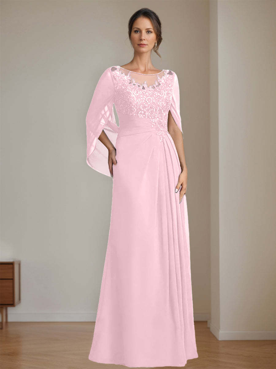 Floor-Length A-Line Princess Mother of the Bride Dresses with Scoop Neck Pleats and Sequins