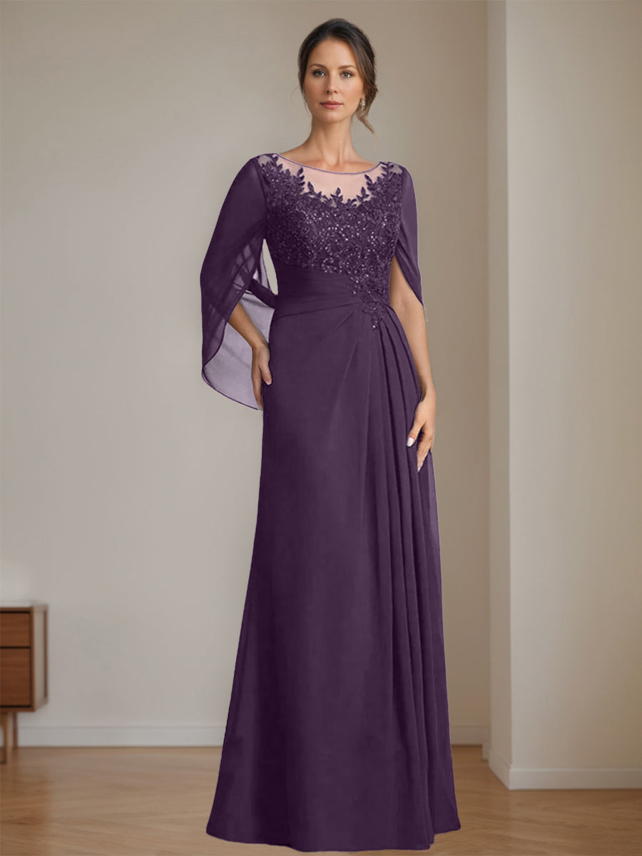 Floor-Length A-Line Princess Mother of the Bride Dresses with Scoop Neck Pleats and Sequins