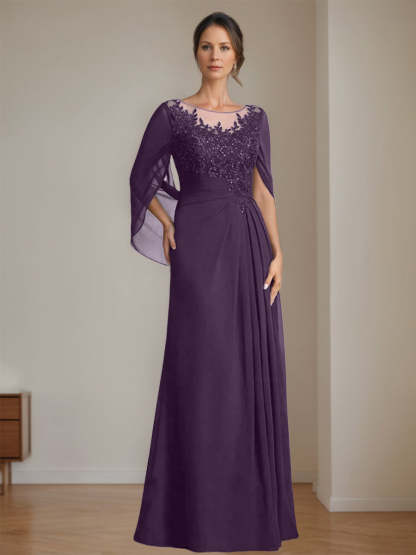 Floor-Length A-Line Princess Mother of the Bride Dresses with Scoop Neck Pleats and Sequins