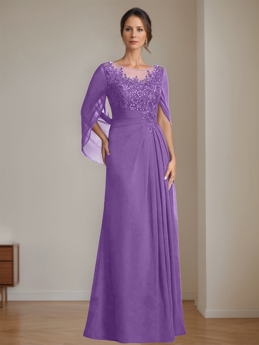 Floor-Length A-Line Princess Mother of the Bride Dresses with Scoop Neck Pleats and Sequins