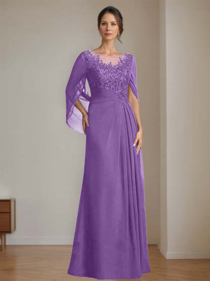 Floor-Length A-Line Princess Mother of the Bride Dresses with Scoop Neck Pleats and Sequins