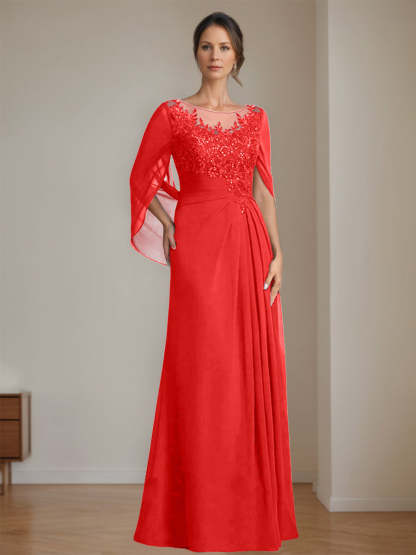 Floor-Length A-Line Princess Mother of the Bride Dresses with Scoop Neck Pleats and Sequins
