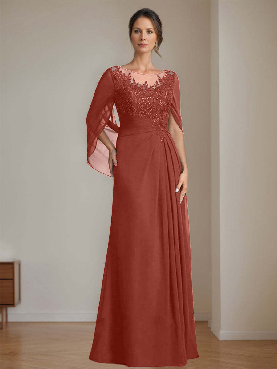 Floor-Length A-Line Princess Mother of the Bride Dresses with Scoop Neck Pleats and Sequins