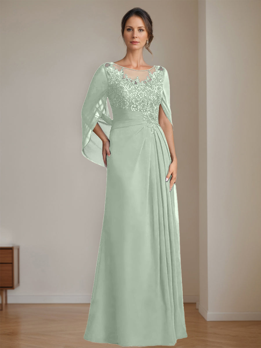 Floor-Length A-Line Princess Mother of the Bride Dresses with Scoop Neck Pleats and Sequins