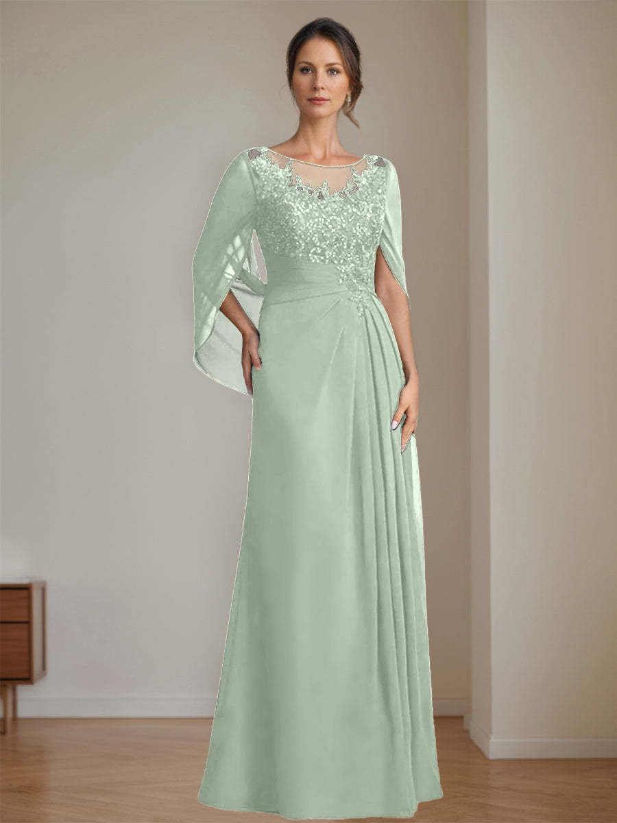 Floor-Length A-Line Princess Mother of the Bride Dresses with Scoop Neck Pleats and Sequins