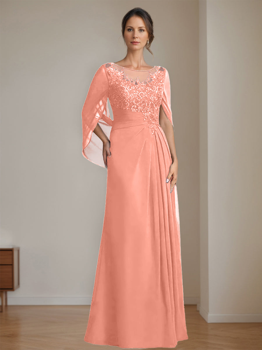 Floor-Length A-Line Princess Mother of the Bride Dresses with Scoop Neck Pleats and Sequins
