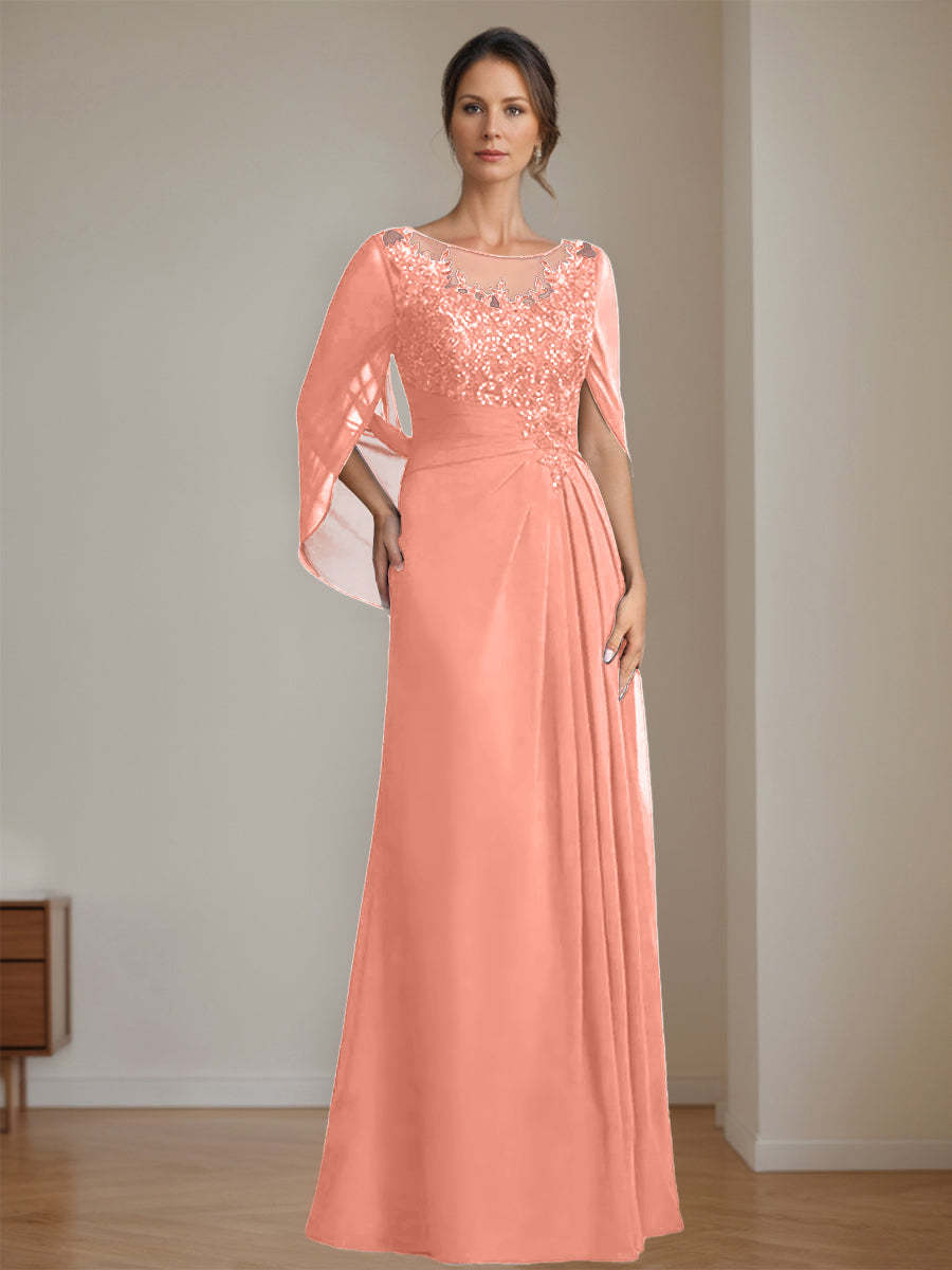 Floor-Length A-Line Princess Mother of the Bride Dresses with Scoop Neck Pleats and Sequins