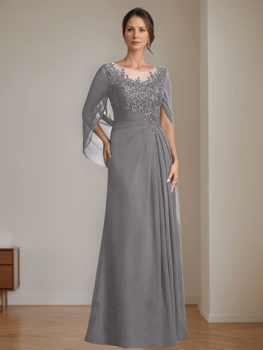 Floor-Length A-Line Princess Mother of the Bride Dresses with Scoop Neck Pleats and Sequins