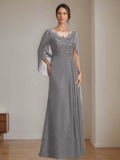 Floor-Length A-Line Princess Mother of the Bride Dresses with Scoop Neck Pleats and Sequins