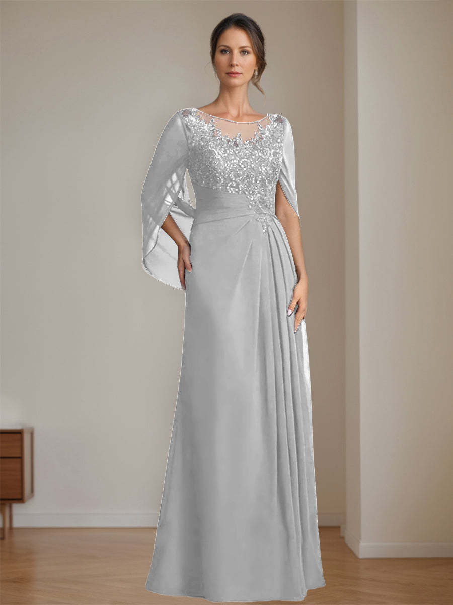 Floor-Length A-Line Princess Mother of the Bride Dresses with Scoop Neck Pleats and Sequins