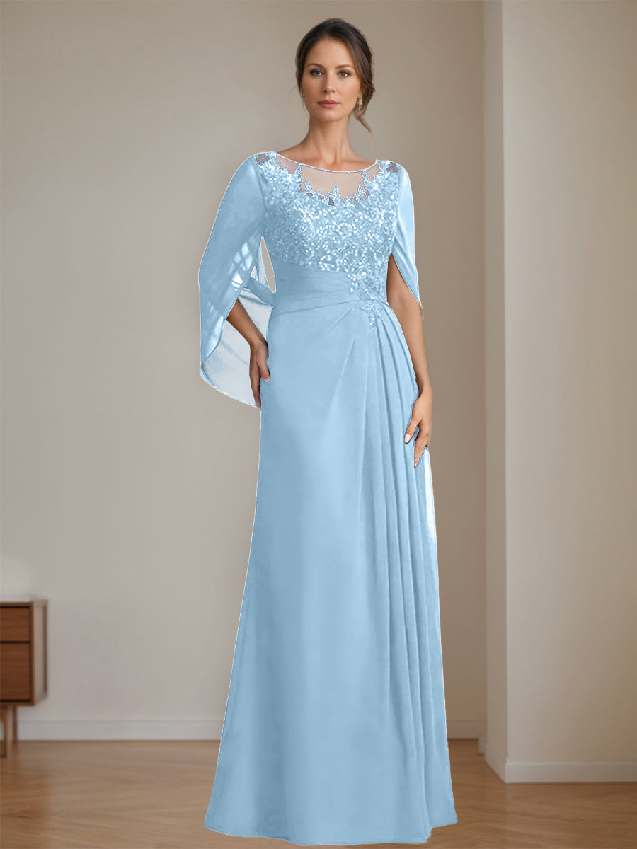 Floor-Length A-Line Princess Mother of the Bride Dresses with Scoop Neck Pleats and Sequins