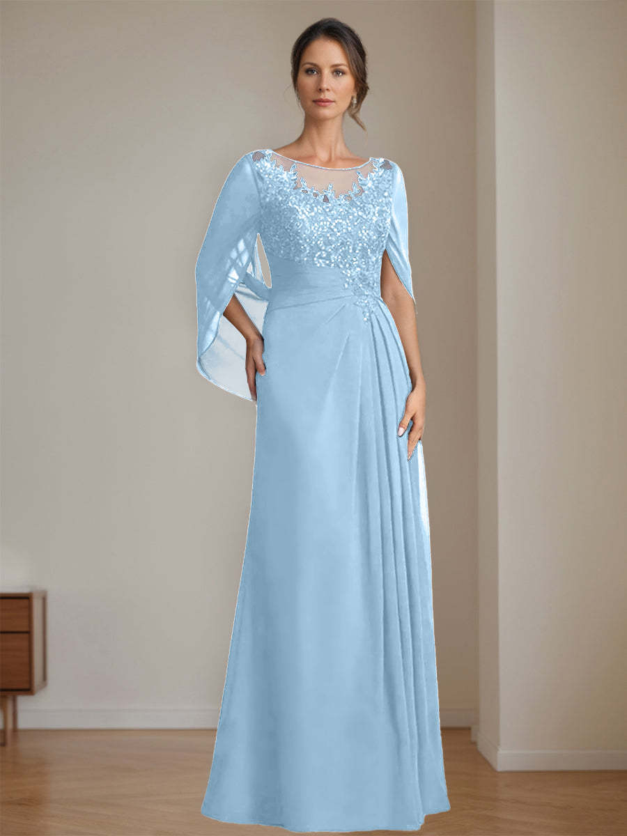 Floor-Length A-Line Princess Mother of the Bride Dresses with Scoop Neck Pleats and Sequins