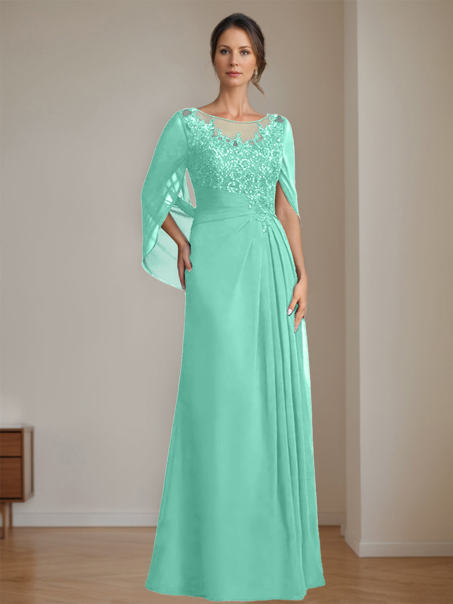 Floor-Length A-Line Princess Mother of the Bride Dresses with Scoop Neck Pleats and Sequins