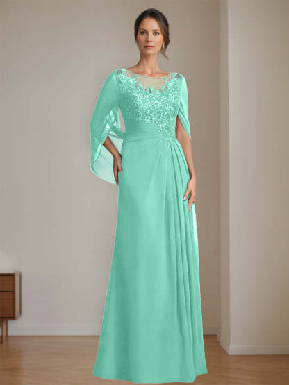 Floor-Length A-Line Princess Mother of the Bride Dresses with Scoop Neck Pleats and Sequins