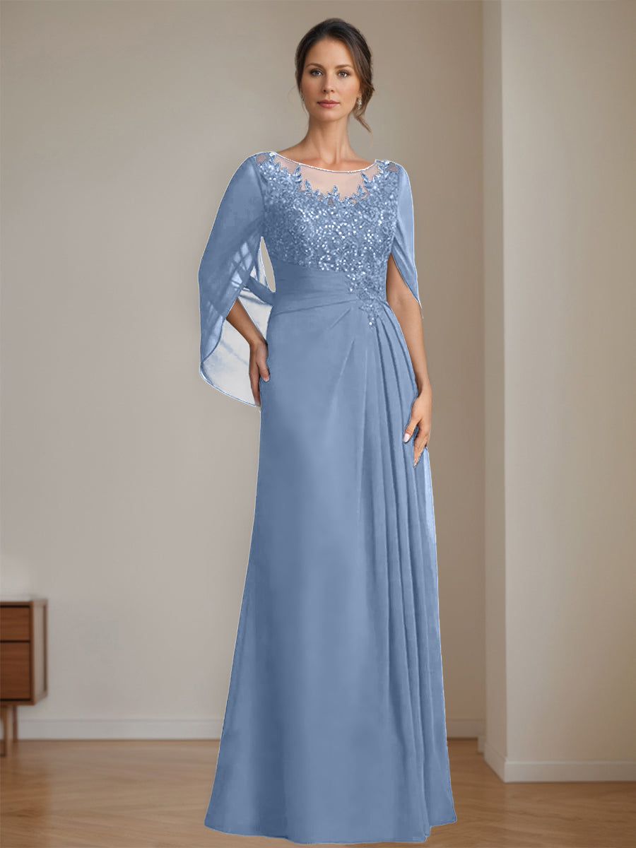 Floor-Length A-Line Princess Mother of the Bride Dresses with Scoop Neck Pleats and Sequins