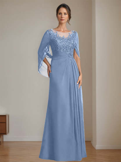 Floor-Length A-Line Princess Mother of the Bride Dresses with Scoop Neck Pleats and Sequins