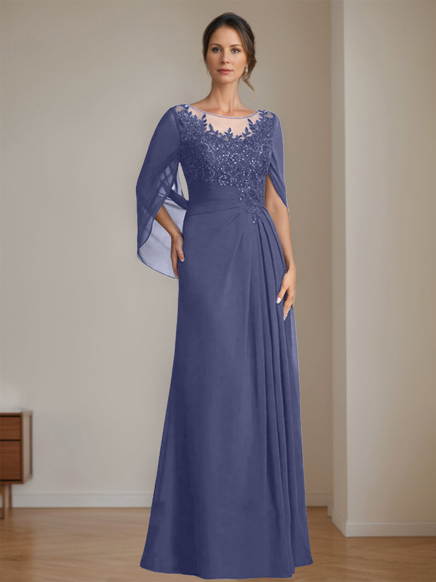 Floor-Length A-Line Princess Mother of the Bride Dresses with Scoop Neck Pleats and Sequins