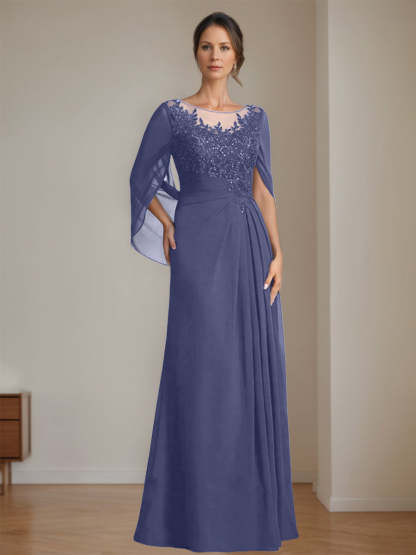 Floor-Length A-Line Princess Mother of the Bride Dresses with Scoop Neck Pleats and Sequins