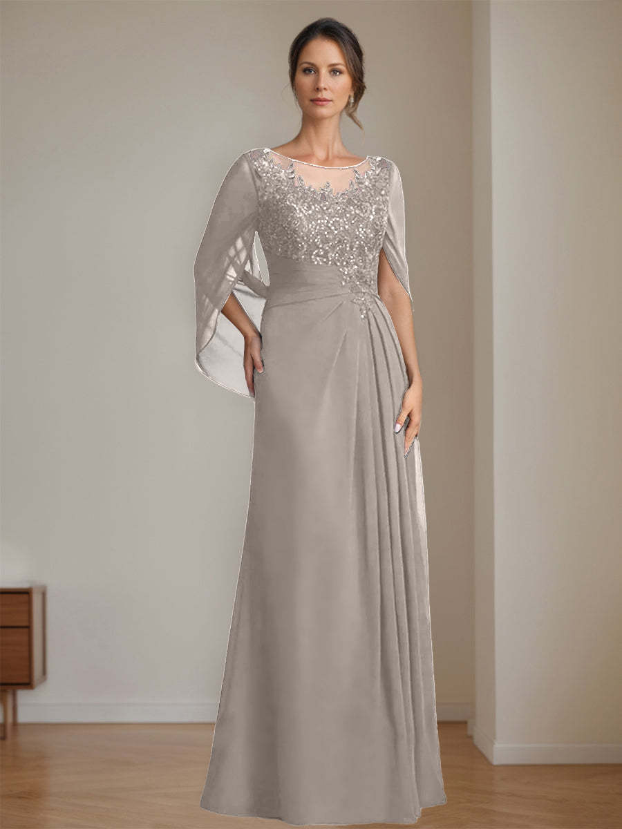 Floor-Length A-Line Princess Mother of the Bride Dresses with Scoop Neck Pleats and Sequins