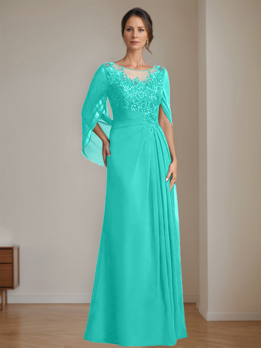 Floor-Length A-Line Princess Mother of the Bride Dresses with Scoop Neck Pleats and Sequins