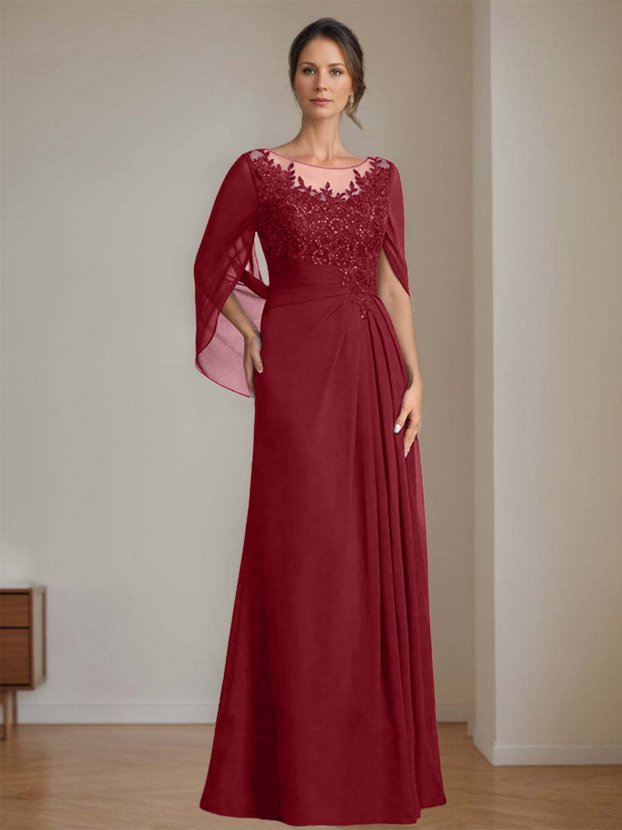 Floor-Length A-Line Princess Mother of the Bride Dresses with Scoop Neck Pleats and Sequins
