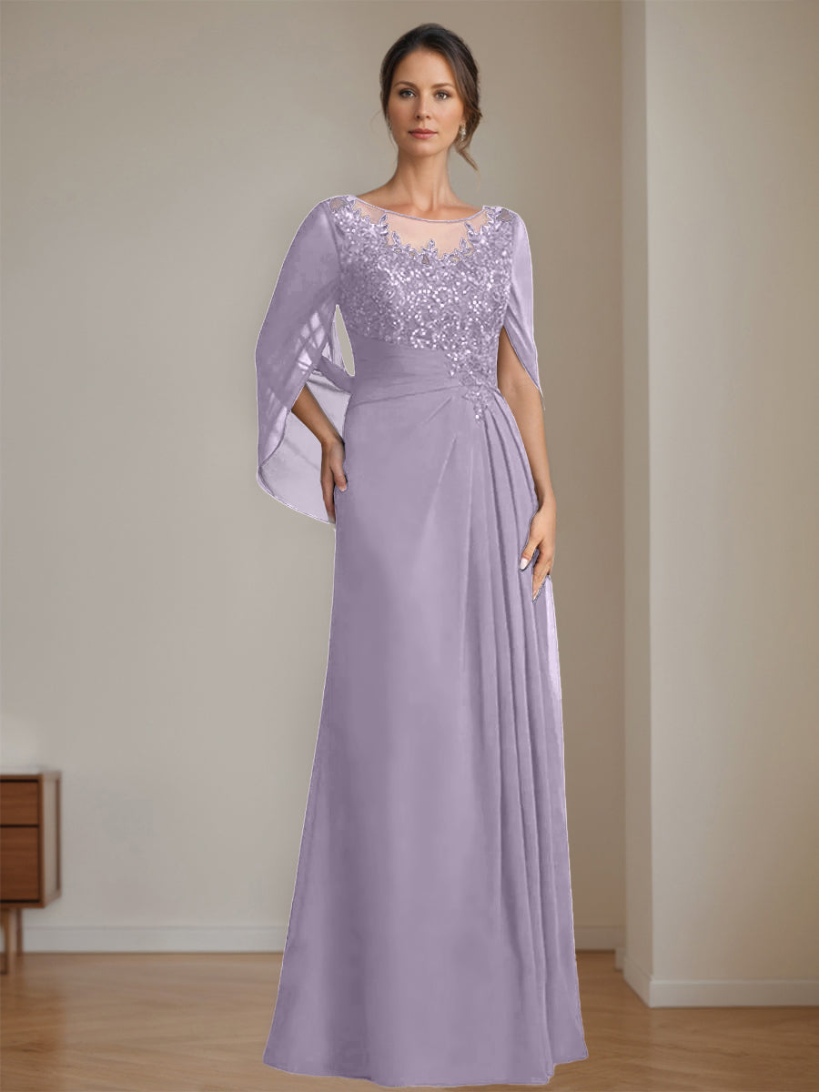 Floor-Length A-Line Princess Mother of the Bride Dresses with Scoop Neck Pleats and Sequins