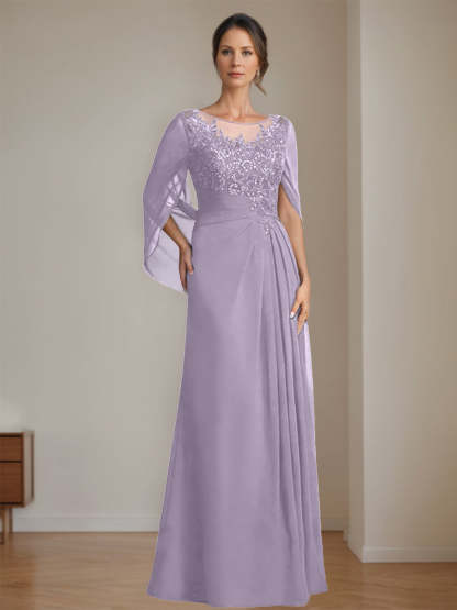 Floor-Length A-Line Princess Mother of the Bride Dresses with Scoop Neck Pleats and Sequins