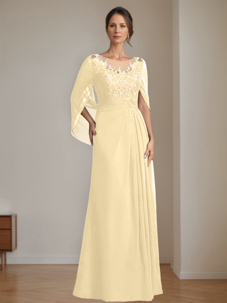 Floor-Length A-Line Princess Mother of the Bride Dresses with Scoop Neck Pleats and Sequins