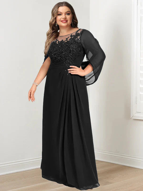 Plus Size Floor-Length Mother of the Bride A-Line Dress with Scoop Neckline Pleats and Sequins
