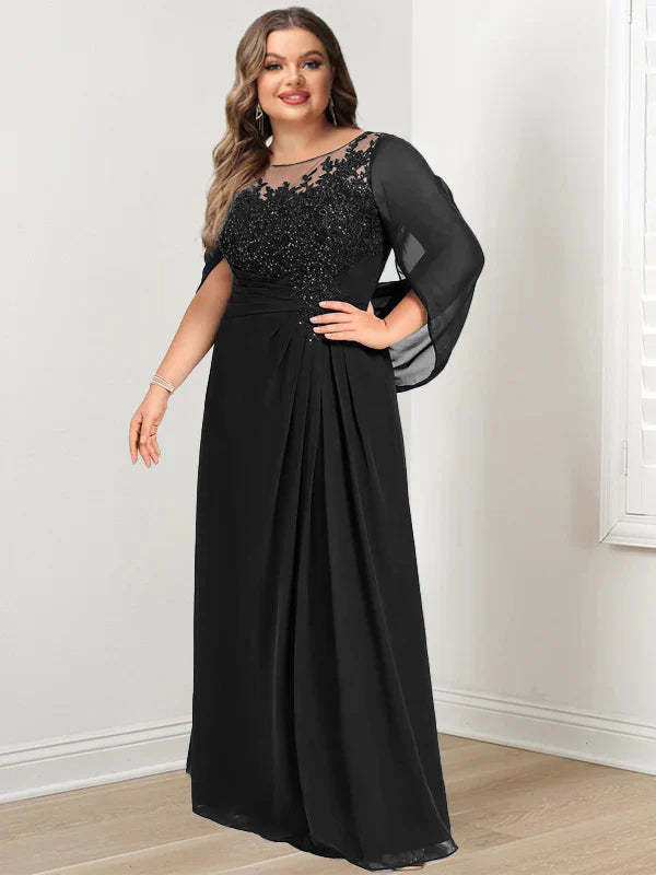 Plus Size Floor-Length Mother of the Bride A-Line Dress with Scoop Neckline Pleats and Sequins