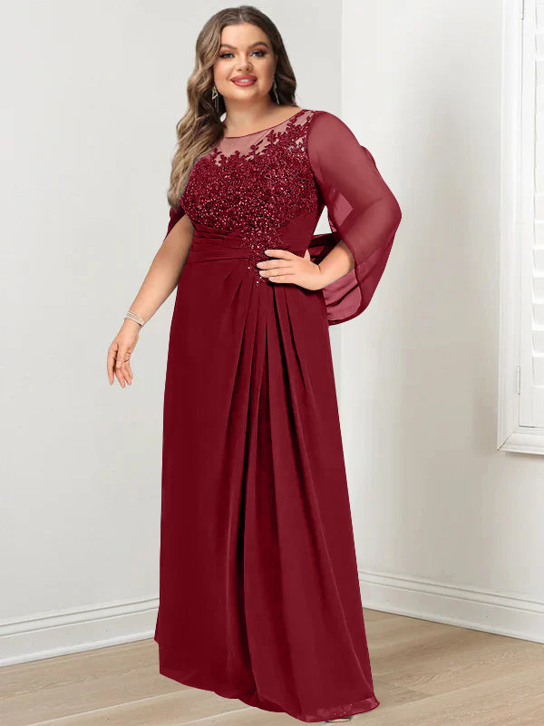 Plus Size Floor-Length Mother of the Bride A-Line Dress with Scoop Neckline Pleats and Sequins