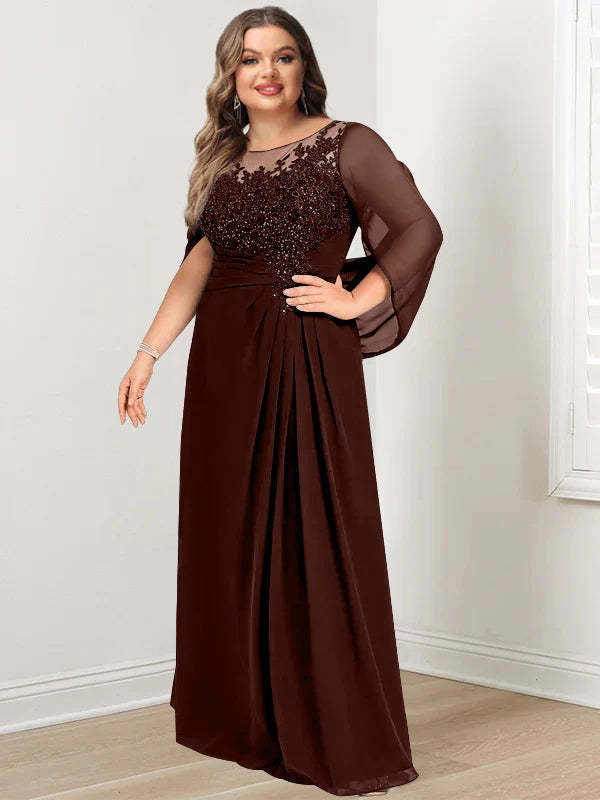 Plus Size Floor-Length Mother of the Bride A-Line Dress with Scoop Neckline Pleats and Sequins