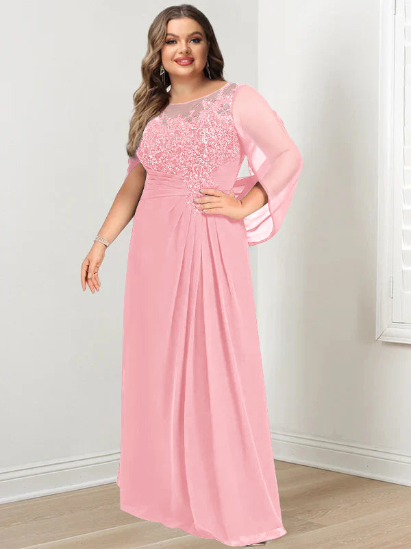Plus Size Floor-Length Mother of the Bride A-Line Dress with Scoop Neckline Pleats and Sequins