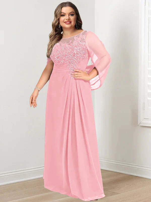Plus Size Floor-Length Mother of the Bride A-Line Dress with Scoop Neckline Pleats and Sequins