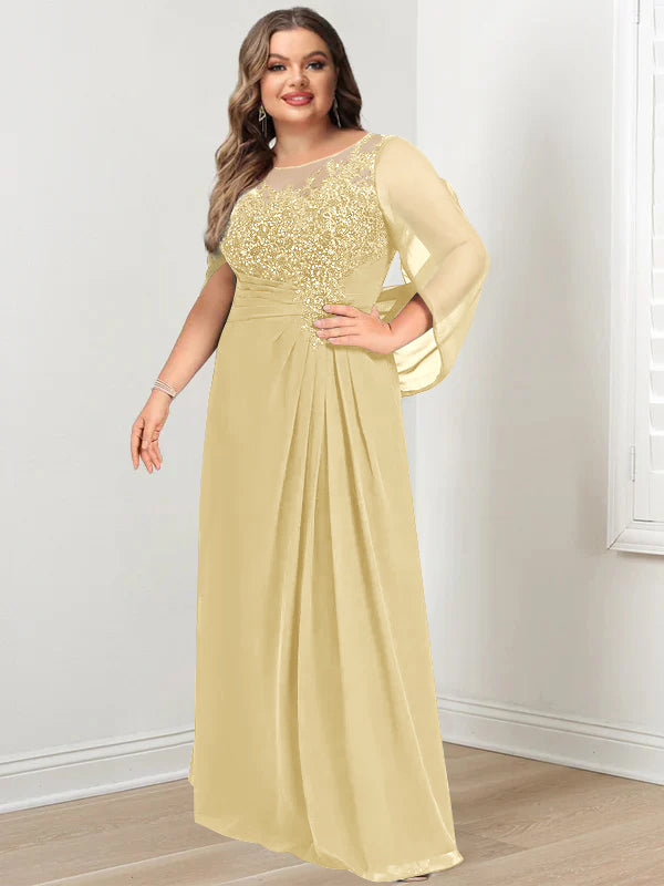 Plus Size Floor-Length Mother of the Bride A-Line Dress with Scoop Neckline Pleats and Sequins