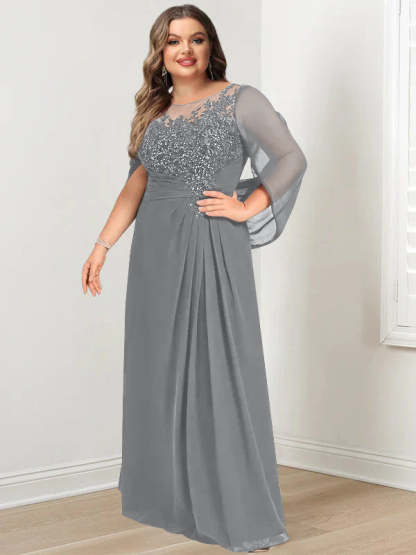 Plus Size Floor-Length Mother of the Bride A-Line Dress with Scoop Neckline Pleats and Sequins