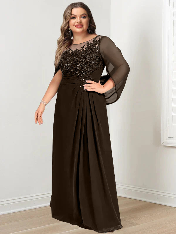 Plus Size Floor-Length Mother of the Bride A-Line Dress with Scoop Neckline Pleats and Sequins