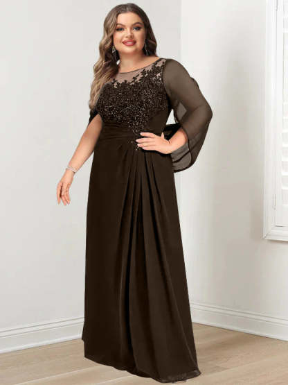 Plus Size Floor-Length Mother of the Bride A-Line Dress with Scoop Neckline Pleats and Sequins