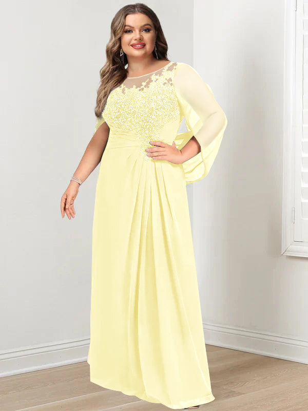 Plus Size Floor-Length Mother of the Bride A-Line Dress with Scoop Neckline Pleats and Sequins
