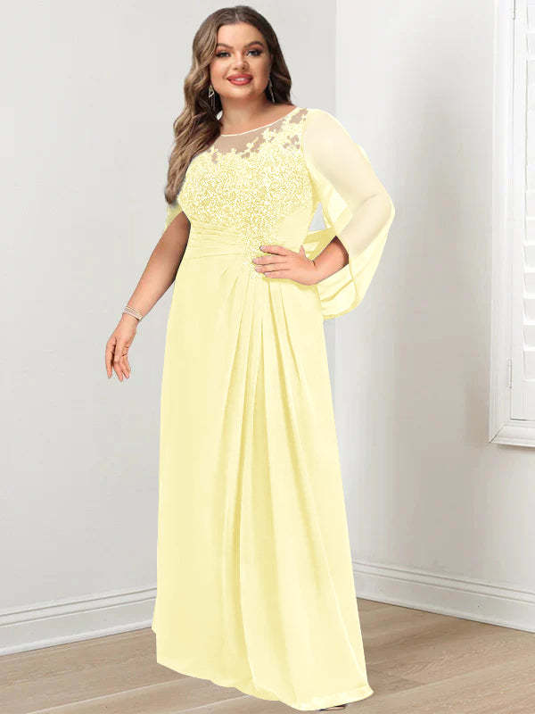 Plus Size Floor-Length Mother of the Bride A-Line Dress with Scoop Neckline Pleats and Sequins