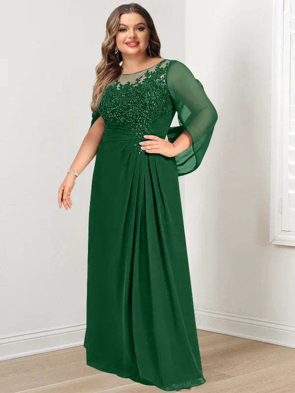 Plus Size Floor-Length Mother of the Bride A-Line Dress with Scoop Neckline Pleats and Sequins