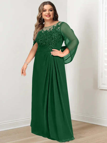 Plus Size Floor-Length Mother of the Bride A-Line Dress with Scoop Neckline Pleats and Sequins